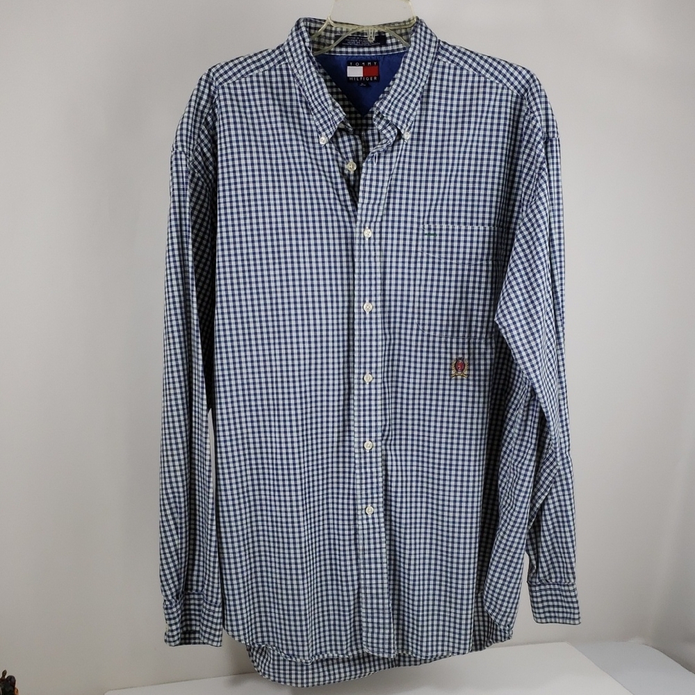 Tommy Hilfiger Xlg Mens Blue and White Gingham Button-Down Shirt
